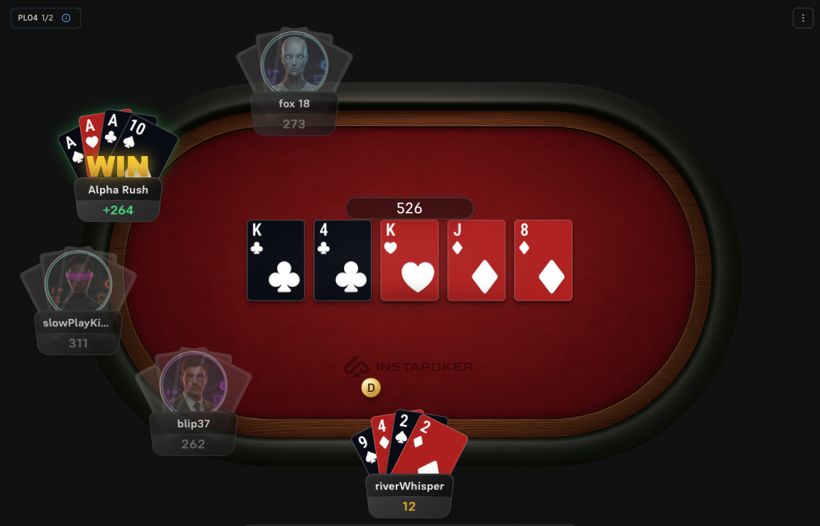 Poker table showing four hole cards and community board