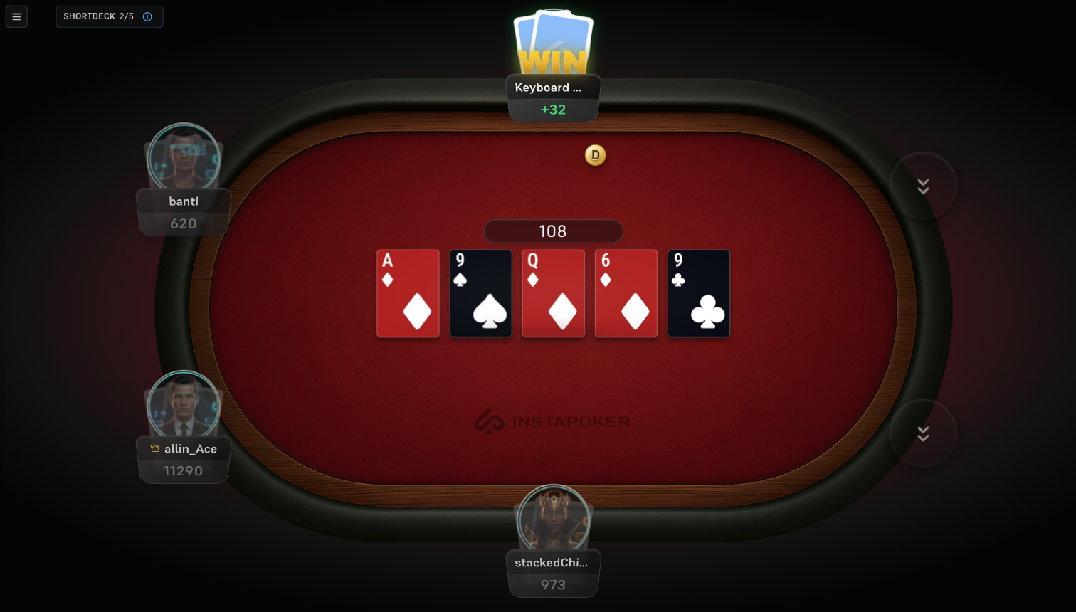 Poker table showing short deck cards and active betting